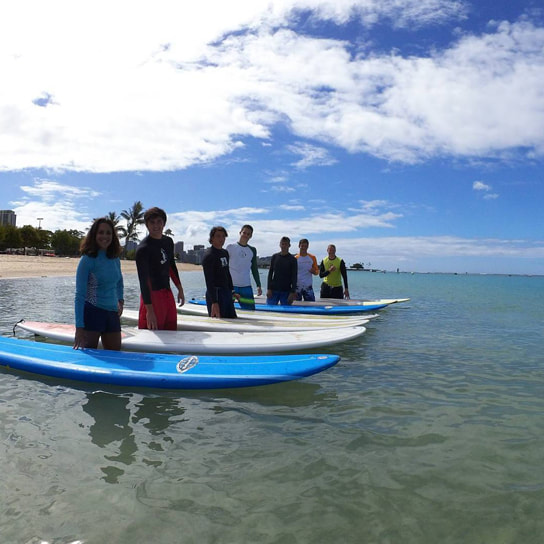Large group of 7 with boards in the water about to start their private surfing lesson. Provided by Polu Lani Surf